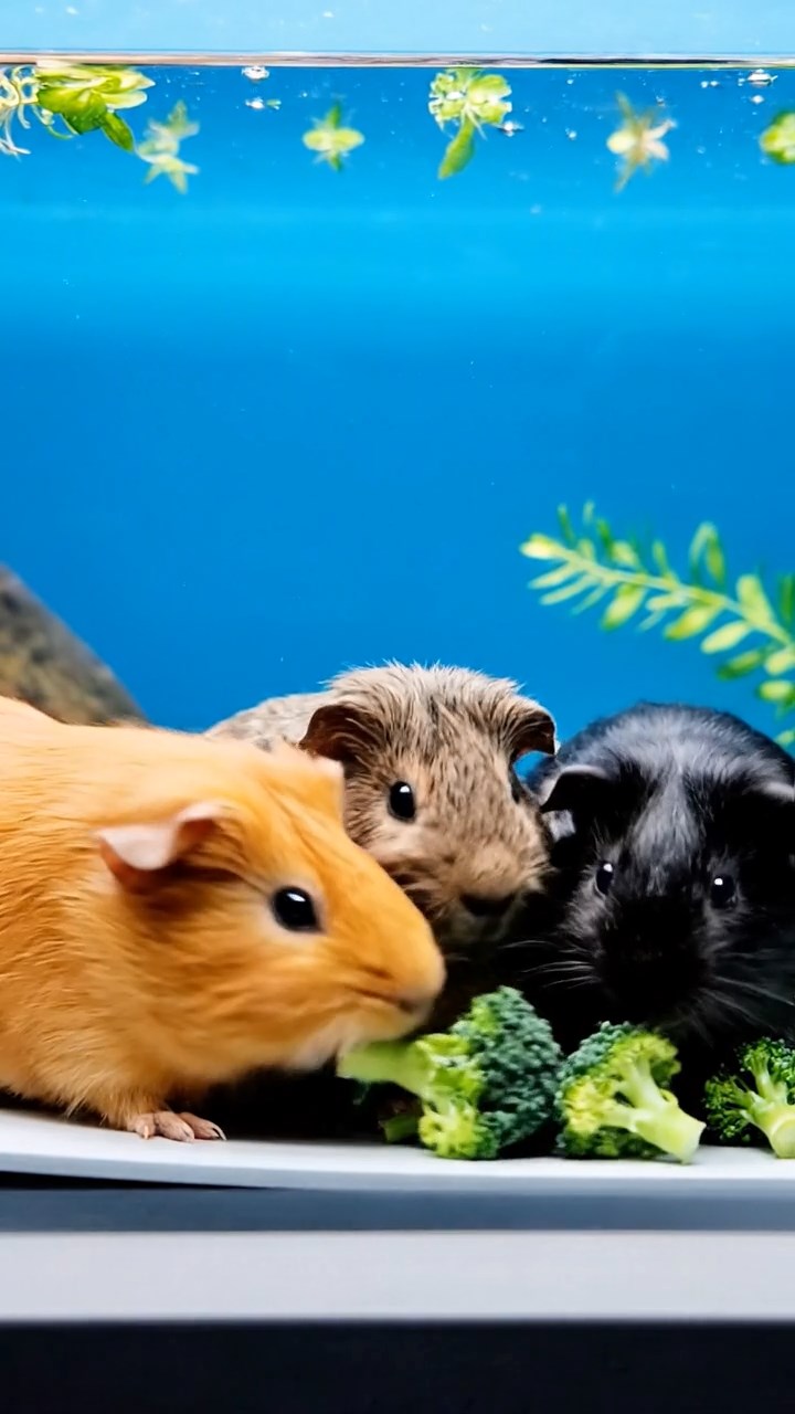 1782. Realistic depiction of 3 smooth-haired Abyssinian guinea pigs featuring orange, gray, and black coats, sharing broccoli heads, through a window research underwater.