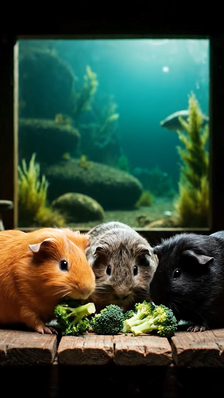 1782. Realistic depiction of 3 smooth-haired Abyssinian guinea pigs featuring orange, gray, and black coats, sharing broccoli heads, through a window research underwater.