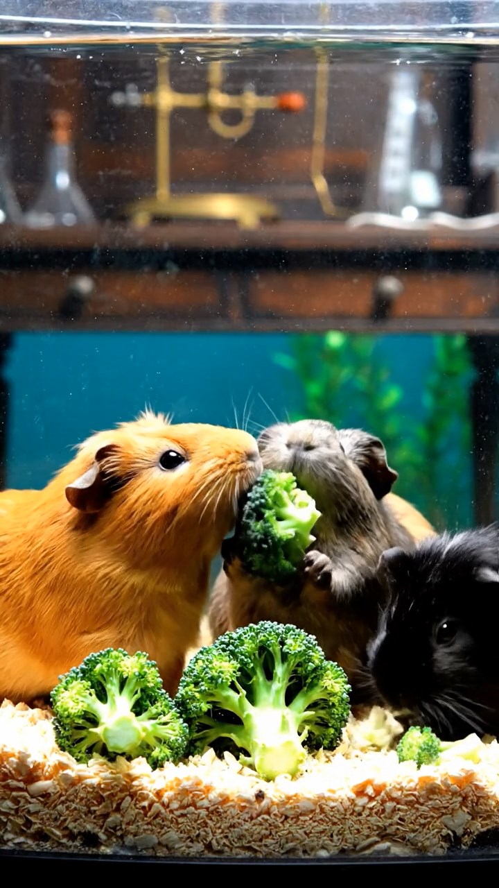 1782. Realistic depiction of 3 smooth-haired Abyssinian guinea pigs featuring orange, gray, and black coats, sharing broccoli heads, through a window research underwater.