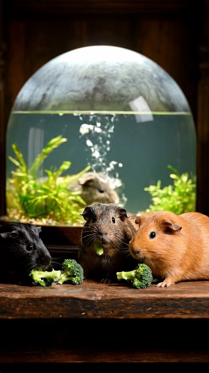 1782. Realistic depiction of 3 smooth-haired Abyssinian guinea pigs featuring orange, gray, and black coats, sharing broccoli heads, through a window research underwater.