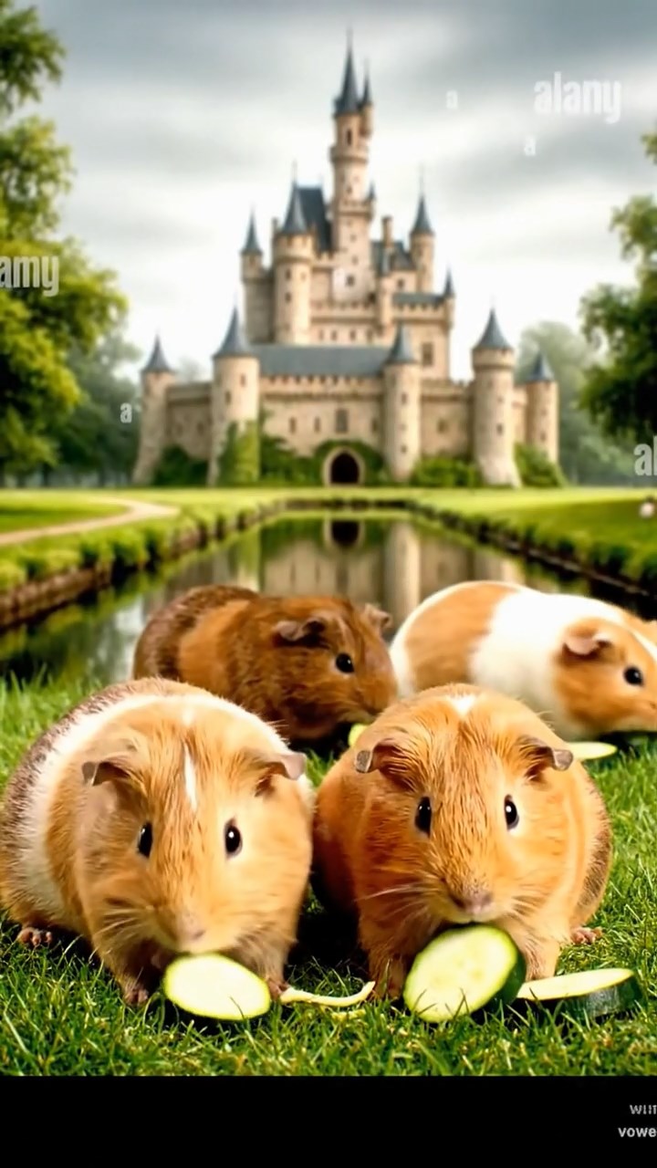 1783. Detailed image of 5 smooth-haired Peruvian guinea pigs with brown, cream, and fawn fur, munching on zucchini slices, by a bank moat castle.