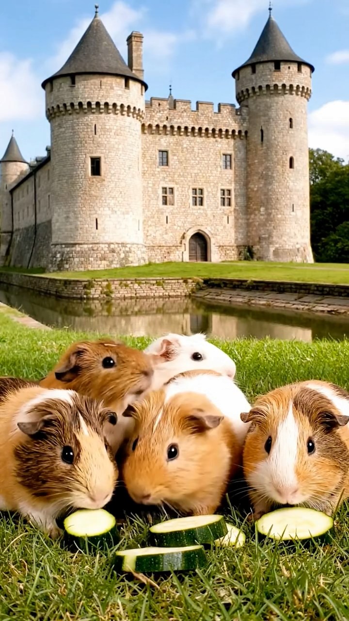 1783. Detailed image of 5 smooth-haired Peruvian guinea pigs with brown, cream, and fawn fur, munching on zucchini slices, by a bank moat castle.