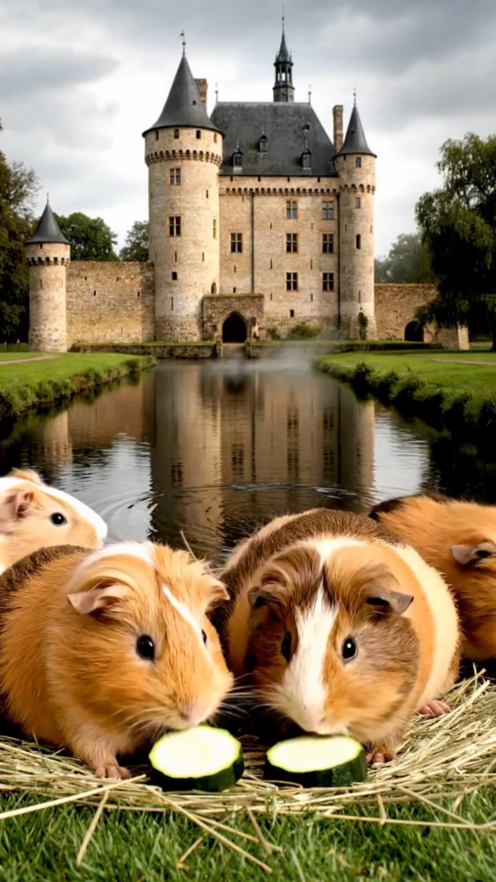 1783. Detailed image of 5 smooth-haired Peruvian guinea pigs with brown, cream, and fawn fur, munching on zucchini slices, by a bank moat castle.