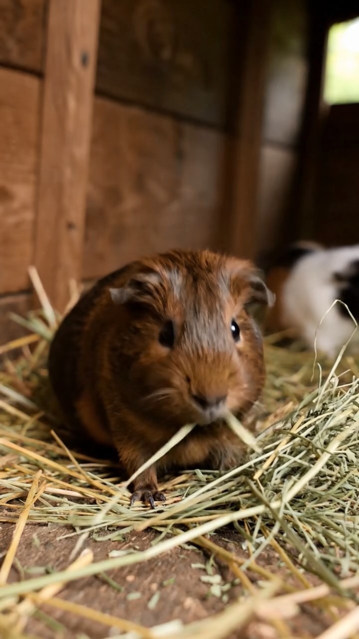 1784. Photorealistic scene of 1 smooth-haired Silkie guinea pig with chocolate fur, eating alfalfa hay, inside a wagon circus.