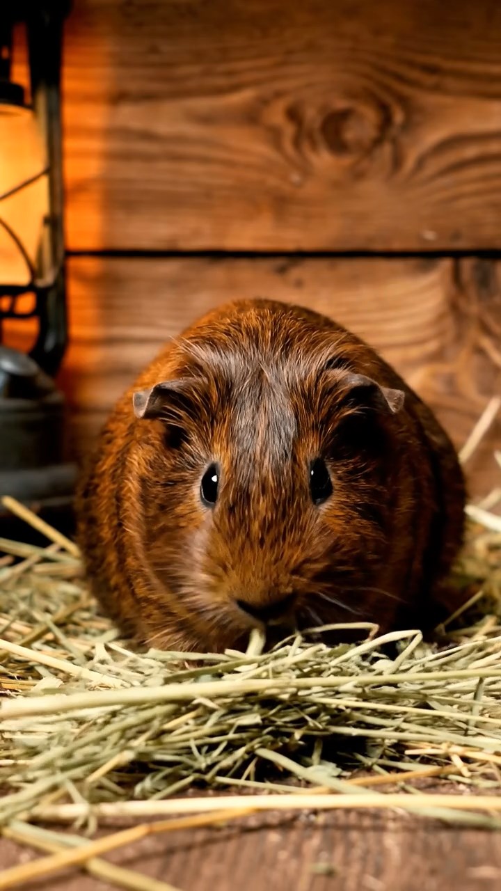 1784. Photorealistic scene of 1 smooth-haired Silkie guinea pig with chocolate fur, eating alfalfa hay, inside a wagon circus.