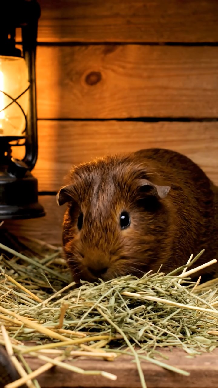 1784. Photorealistic scene of 1 smooth-haired Silkie guinea pig with chocolate fur, eating alfalfa hay, inside a wagon circus.