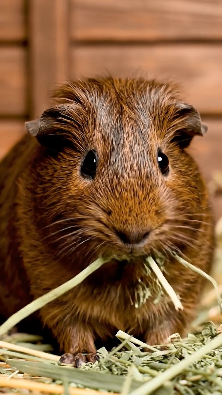 1784. Photorealistic scene of 1 smooth-haired Silkie guinea pig with chocolate fur, eating alfalfa hay, inside a wagon circus.