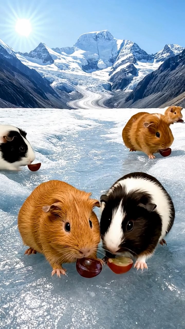 1785. Realistic photo of 4 smooth-haired Teddy guinea pigs in cinnamon, sable, and white colors, nibbling on grape halves, on a path trek glacier.