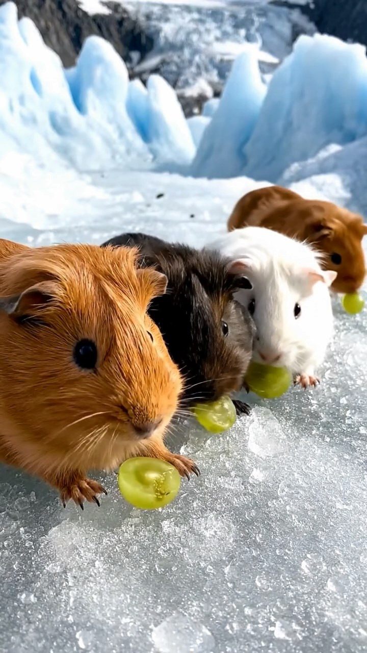 1785. Realistic photo of 4 smooth-haired Teddy guinea pigs in cinnamon, sable, and white colors, nibbling on grape halves, on a path trek glacier.