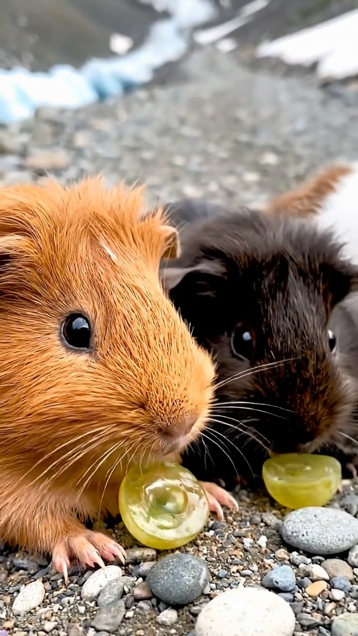 1785. Realistic photo of 4 smooth-haired Teddy guinea pigs in cinnamon, sable, and white colors, nibbling on grape halves, on a path trek glacier.