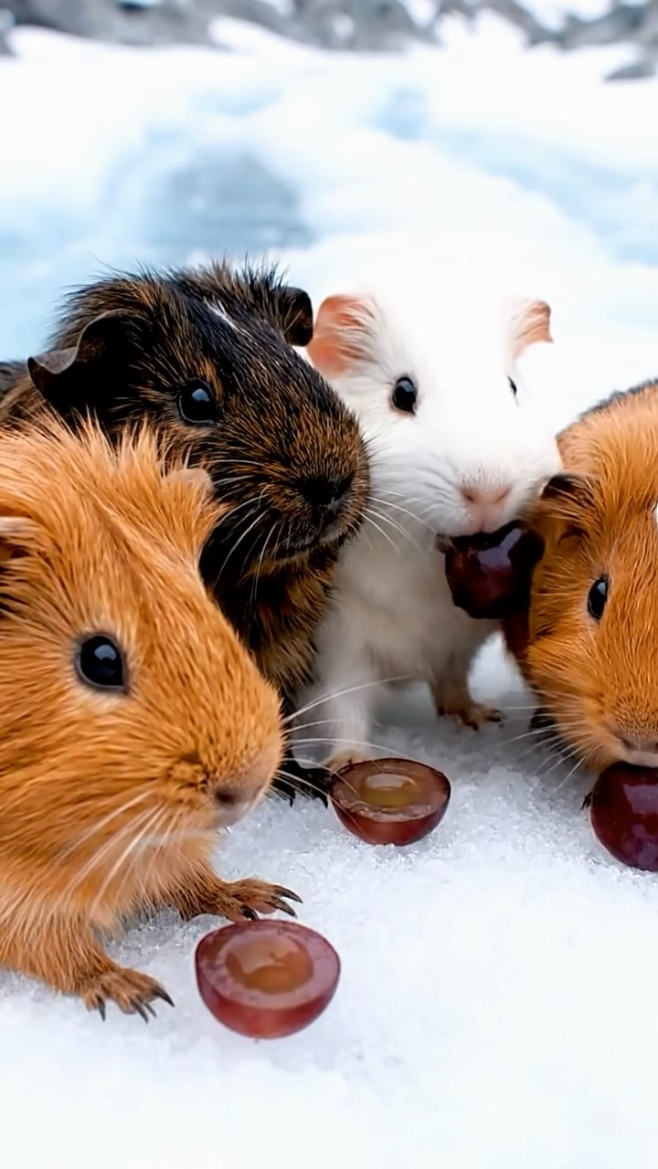 1785. Realistic photo of 4 smooth-haired Teddy guinea pigs in cinnamon, sable, and white colors, nibbling on grape halves, on a path trek glacier.