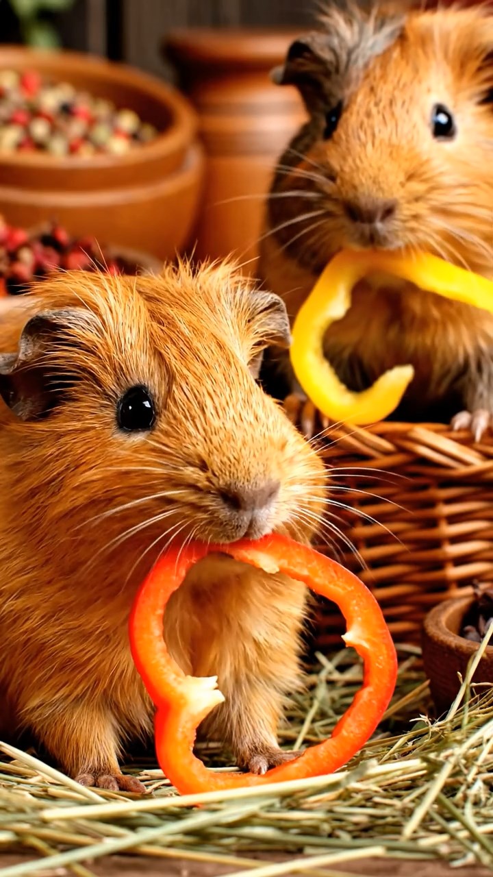 1786. Highly detailed view of 2 smooth-haired Texel guinea pigs with orange and gray fur, chewing on bell pepper strips, in a stall spice market.