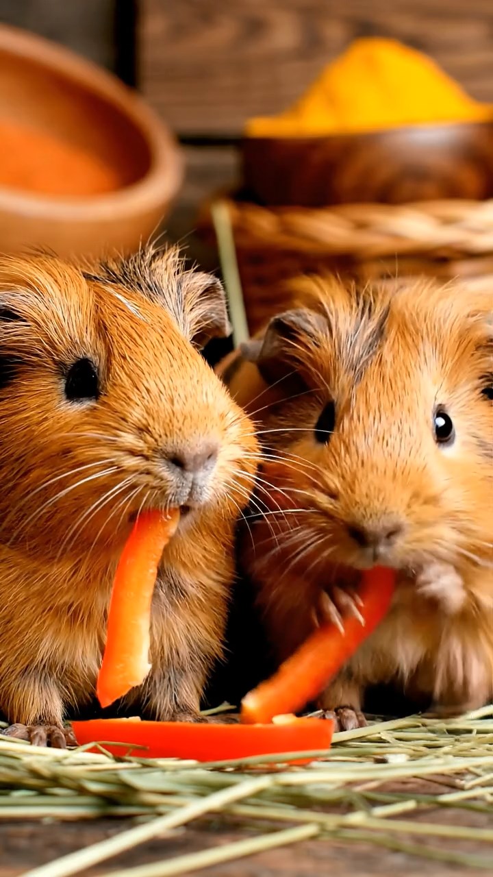 1786. Highly detailed view of 2 smooth-haired Texel guinea pigs with orange and gray fur, chewing on bell pepper strips, in a stall spice market.