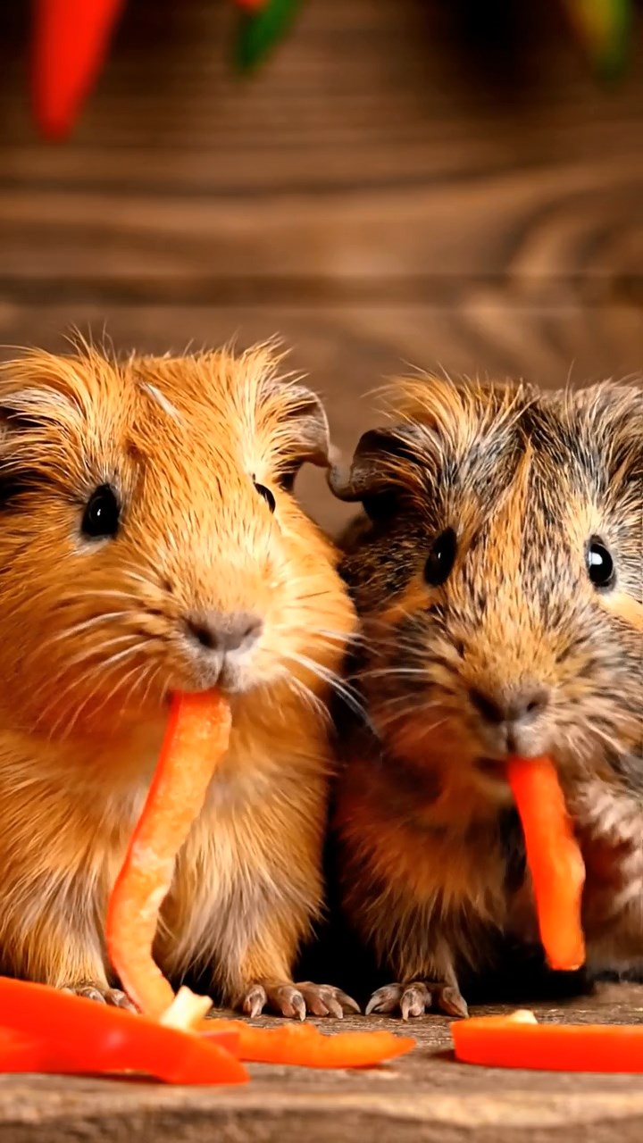 1786. Highly detailed view of 2 smooth-haired Texel guinea pigs with orange and gray fur, chewing on bell pepper strips, in a stall spice market.