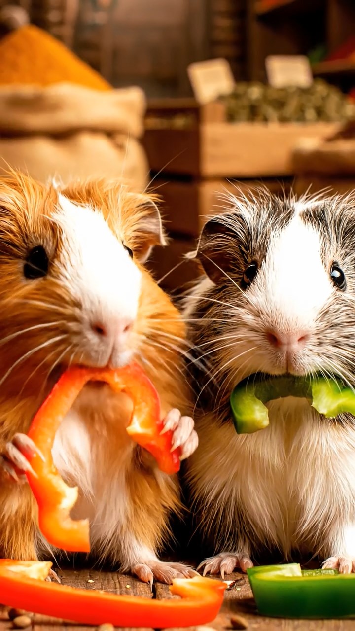 1786. Highly detailed view of 2 smooth-haired Texel guinea pigs with orange and gray fur, chewing on bell pepper strips, in a stall spice market.