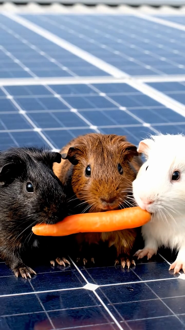 1787. Photorealistic image of 3 smooth-haired Rex guinea pigs featuring black, brown, and cream coats, sharing carrot sticks, on a array solar rooftop.