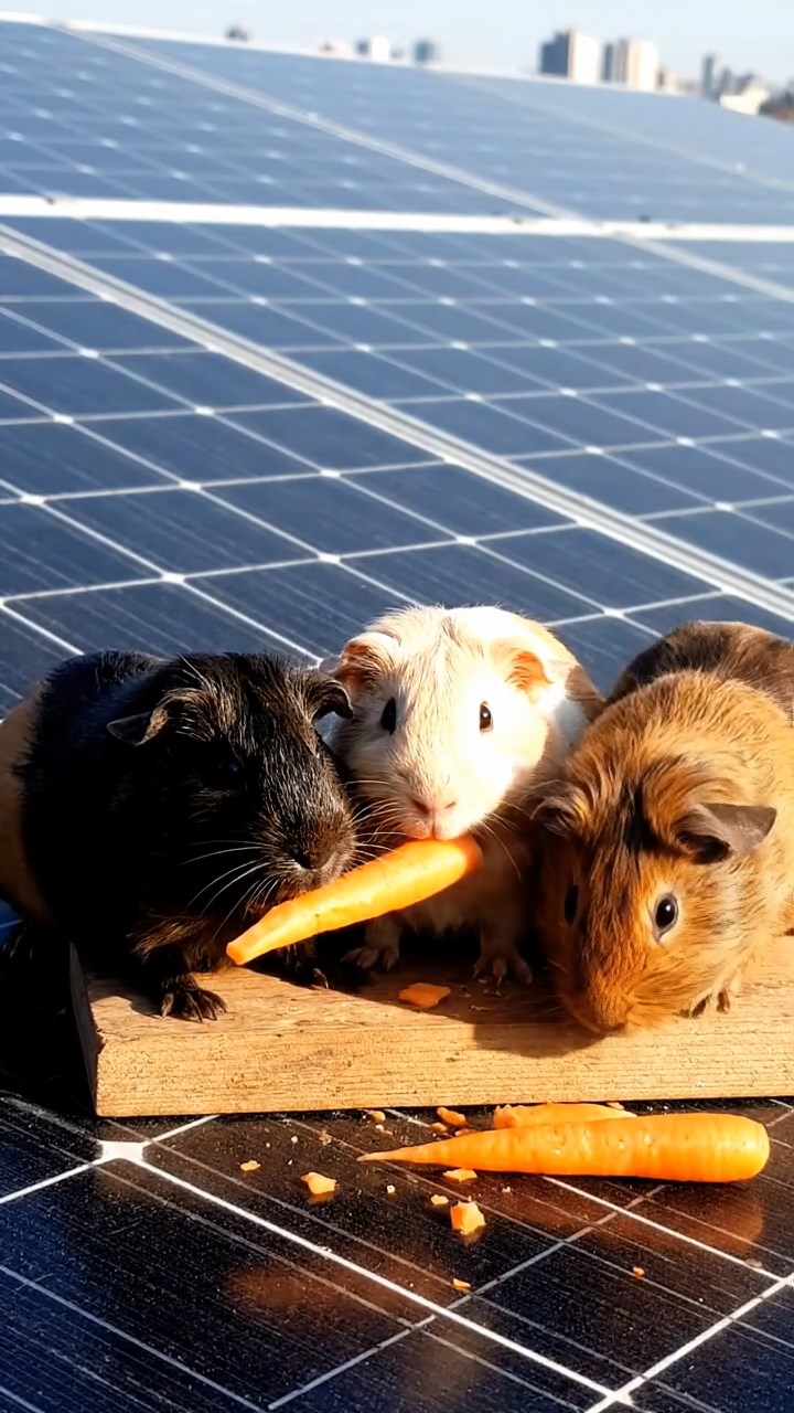 1787. Photorealistic image of 3 smooth-haired Rex guinea pigs featuring black, brown, and cream coats, sharing carrot sticks, on a array solar rooftop.