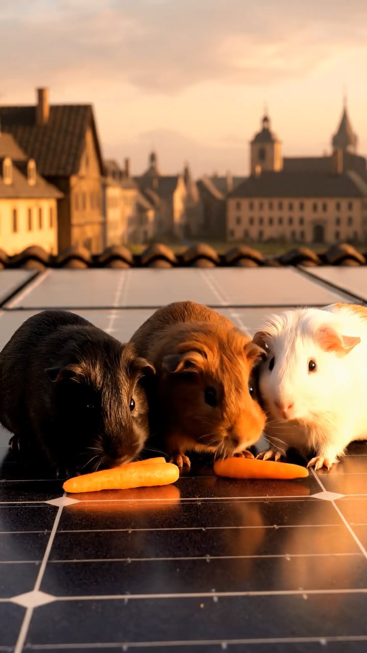 1787. Photorealistic image of 3 smooth-haired Rex guinea pigs featuring black, brown, and cream coats, sharing carrot sticks, on a array solar rooftop.