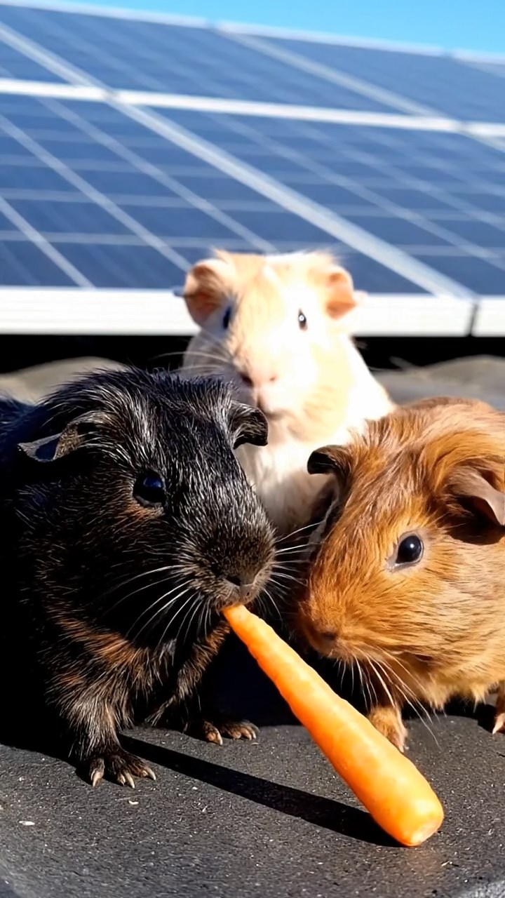 1787. Photorealistic image of 3 smooth-haired Rex guinea pigs featuring black, brown, and cream coats, sharing carrot sticks, on a array solar rooftop.