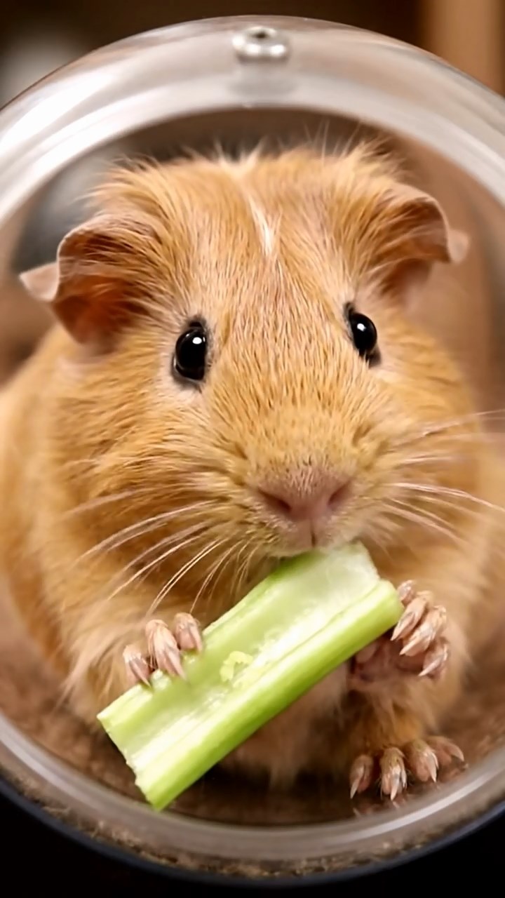 1788. Realistic depiction of 1 smooth-haired Coronet guinea pig with fawn fur, munching on celery ribs, inside a tunnel shark aquarium.