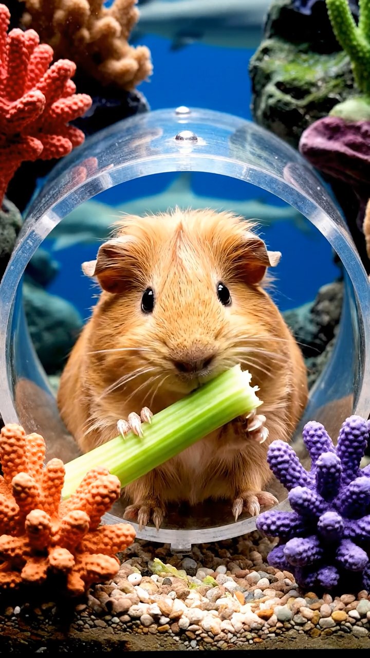 1788. Realistic depiction of 1 smooth-haired Coronet guinea pig with fawn fur, munching on celery ribs, inside a tunnel shark aquarium.