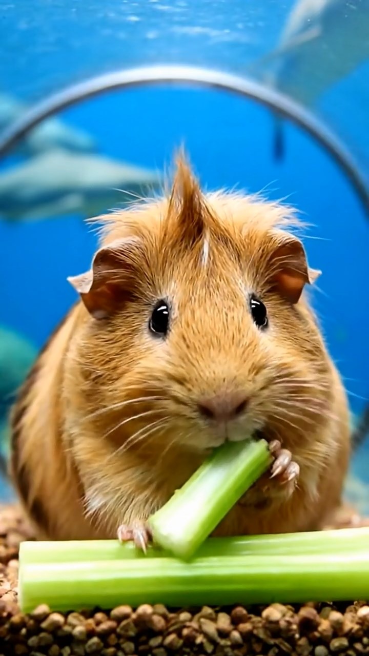 1788. Realistic depiction of 1 smooth-haired Coronet guinea pig with fawn fur, munching on celery ribs, inside a tunnel shark aquarium.