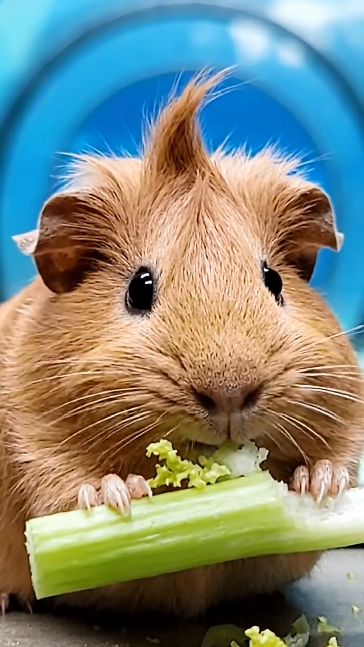 1788. Realistic depiction of 1 smooth-haired Coronet guinea pig with fawn fur, munching on celery ribs, inside a tunnel shark aquarium.