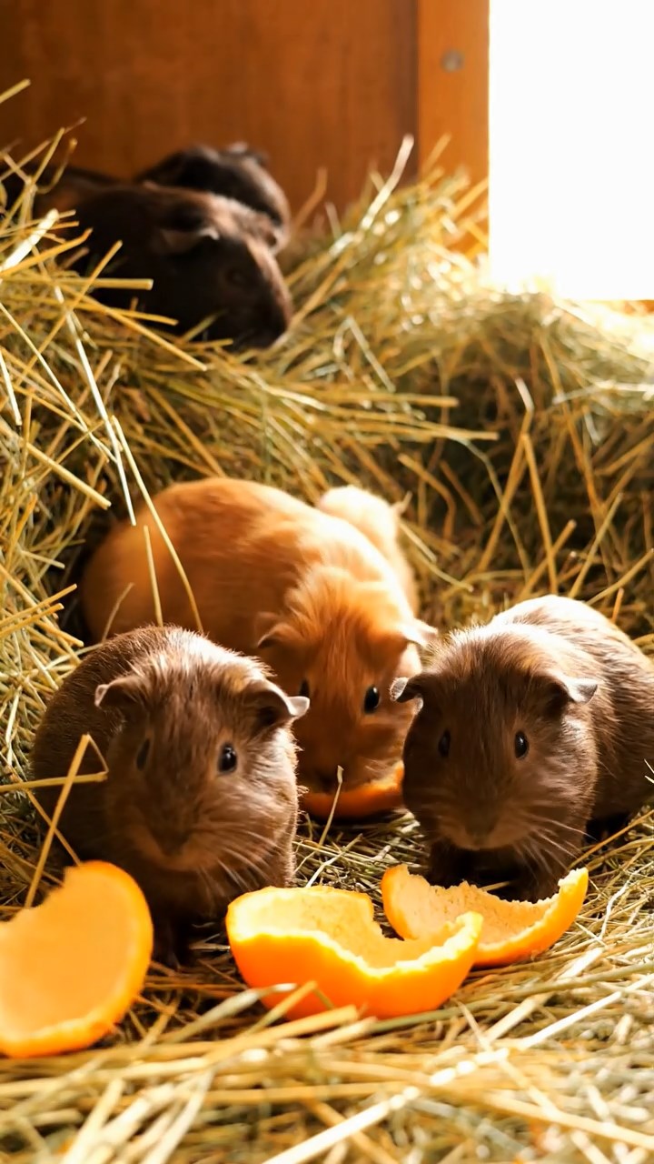 1789. Detailed scene of 5 smooth-haired White Crested guinea pigs with chocolate, cinnamon, and sable fur, eating orange peels, in a loft hay farm.