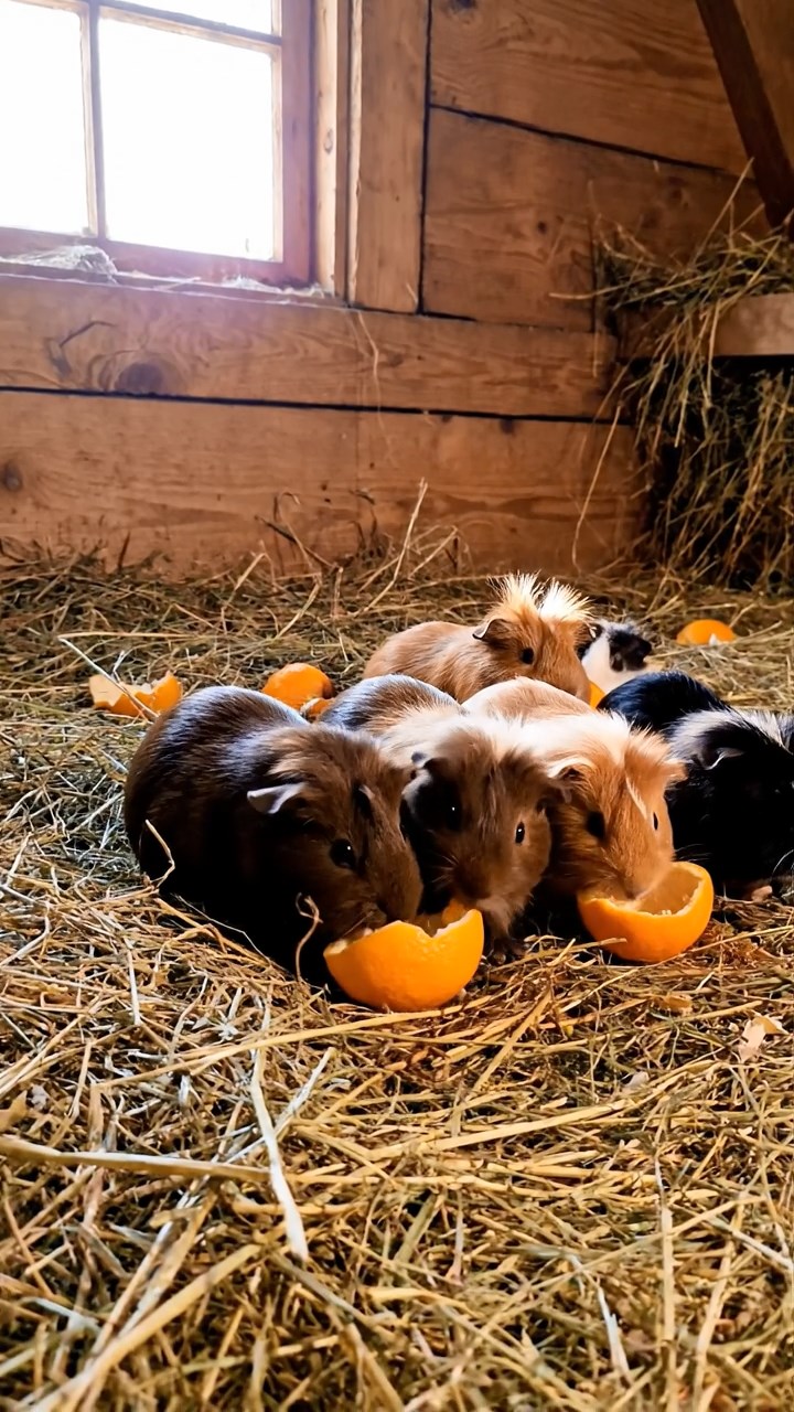 1789. Detailed scene of 5 smooth-haired White Crested guinea pigs with chocolate, cinnamon, and sable fur, eating orange peels, in a loft hay farm.