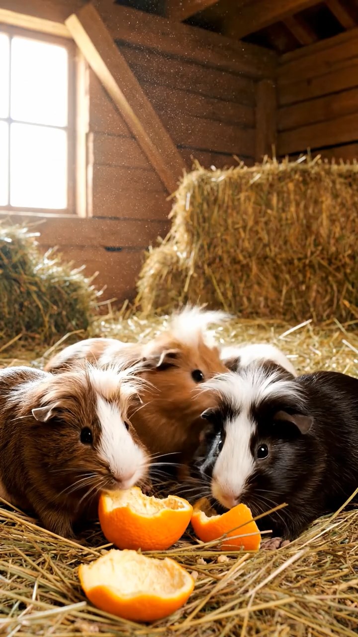 1789. Detailed scene of 5 smooth-haired White Crested guinea pigs with chocolate, cinnamon, and sable fur, eating orange peels, in a loft hay farm.