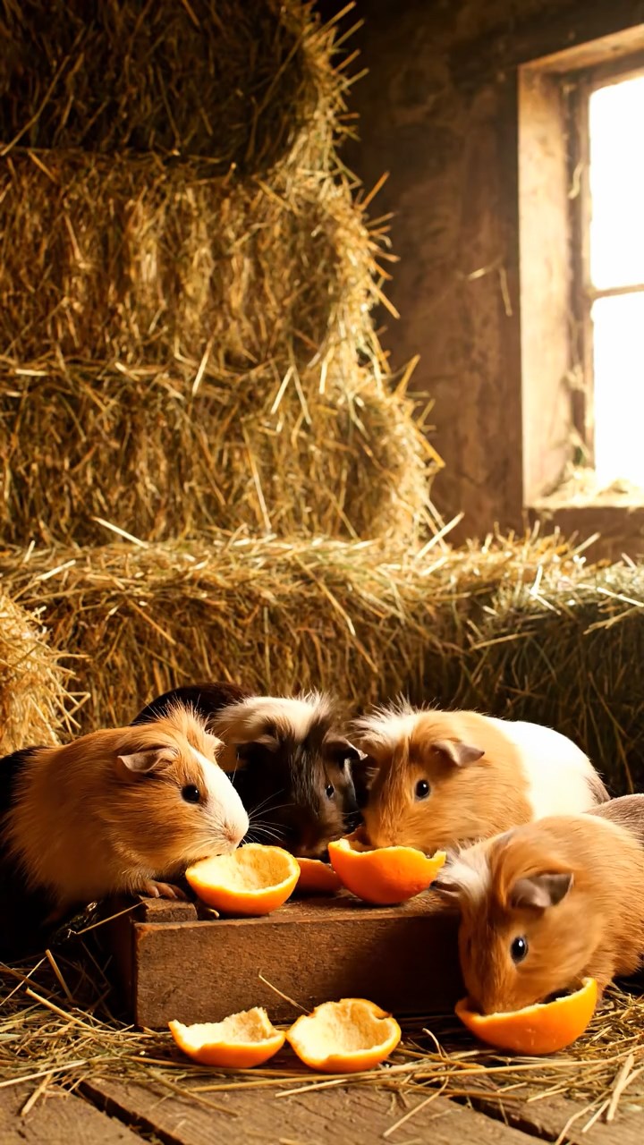 1789. Detailed scene of 5 smooth-haired White Crested guinea pigs with chocolate, cinnamon, and sable fur, eating orange peels, in a loft hay farm.