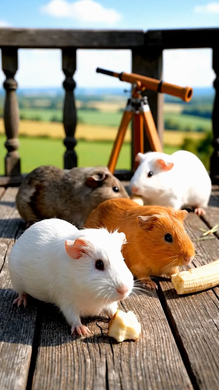 1790. Photorealistic photo of 4 smooth-haired Skinny guinea pigs in white, orange, and gray colors, nibbling on banana chunks, on a deck observatory space.