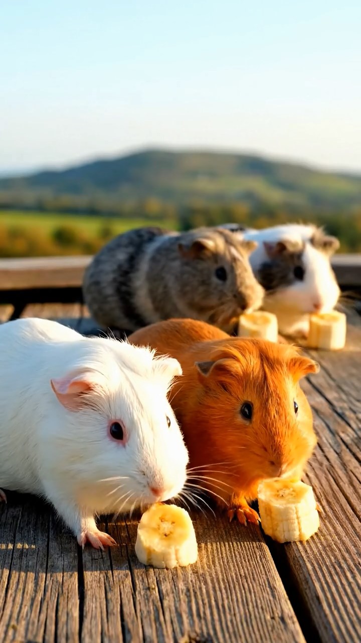 1790. Photorealistic photo of 4 smooth-haired Skinny guinea pigs in white, orange, and gray colors, nibbling on banana chunks, on a deck observatory space.