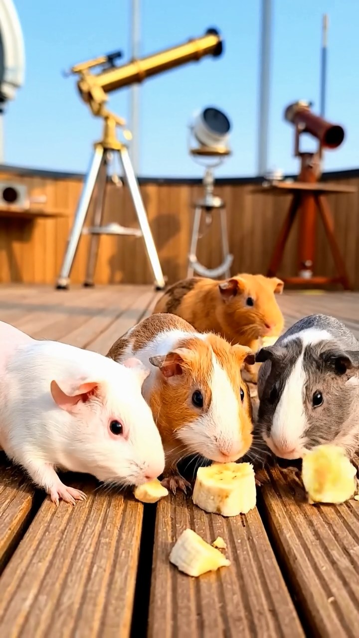 1790. Photorealistic photo of 4 smooth-haired Skinny guinea pigs in white, orange, and gray colors, nibbling on banana chunks, on a deck observatory space.