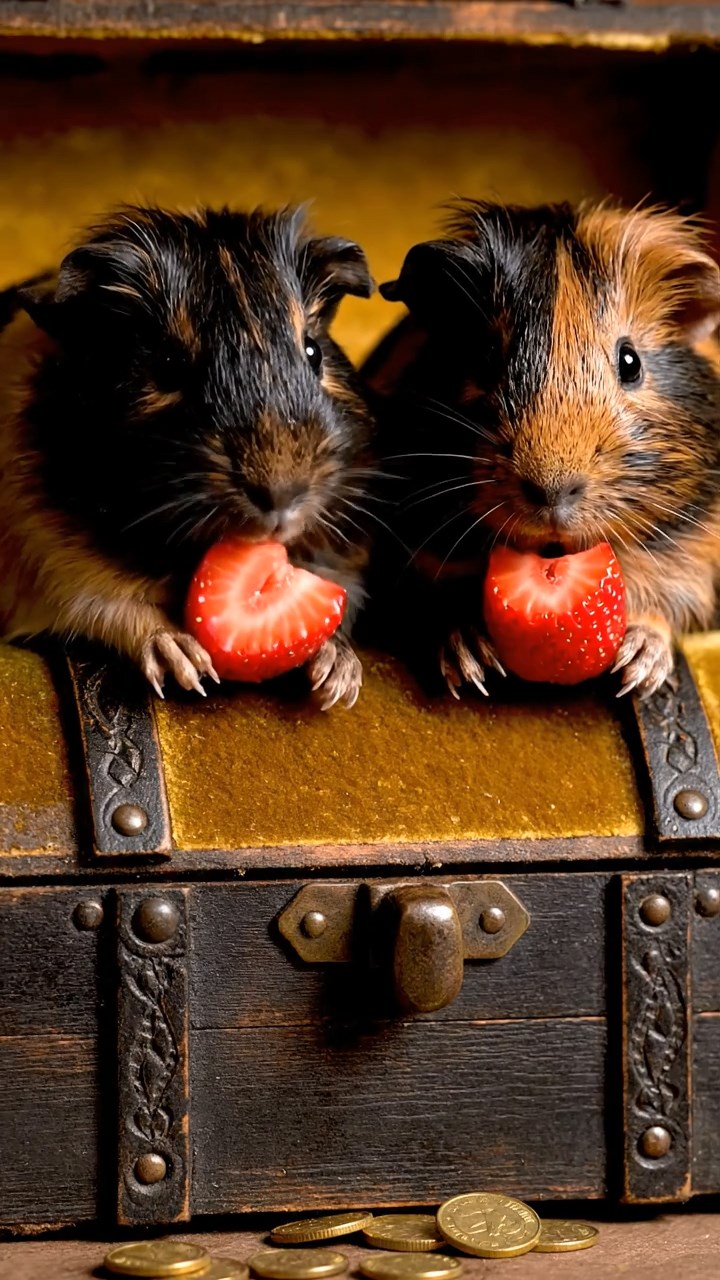 1791. Realistic image of 2 smooth-haired American guinea pigs with black and brown fur, chewing on strawberry slices, atop a chest treasure pirate.