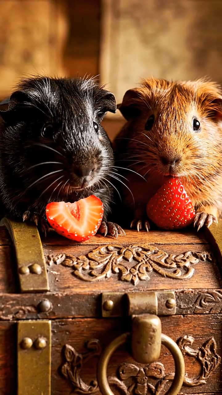 1791. Realistic image of 2 smooth-haired American guinea pigs with black and brown fur, chewing on strawberry slices, atop a chest treasure pirate.