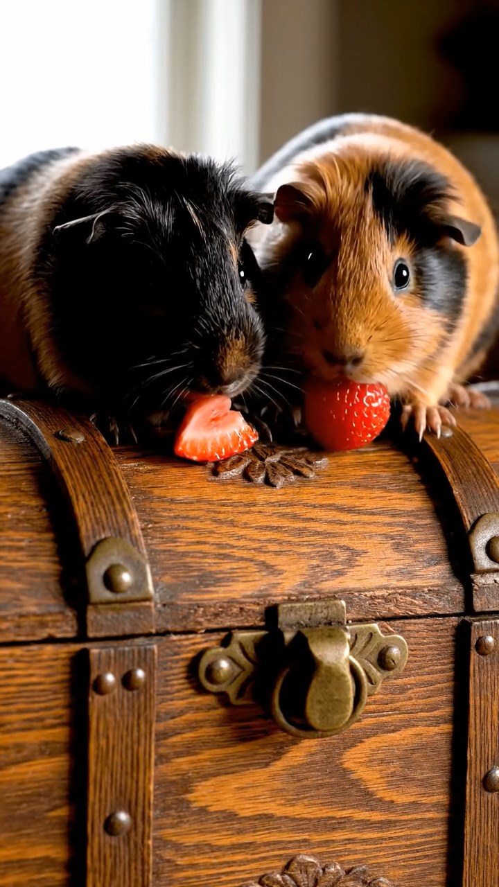 1791. Realistic image of 2 smooth-haired American guinea pigs with black and brown fur, chewing on strawberry slices, atop a chest treasure pirate.