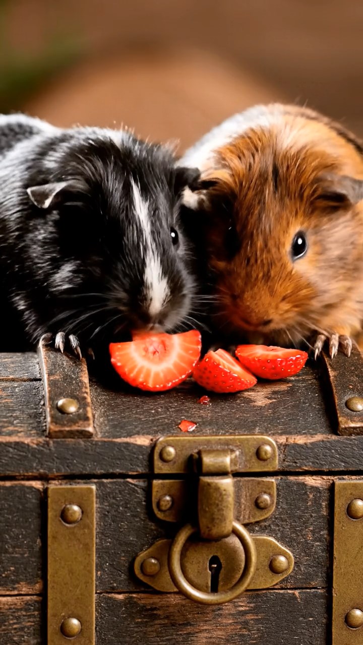 1791. Realistic image of 2 smooth-haired American guinea pigs with black and brown fur, chewing on strawberry slices, atop a chest treasure pirate.