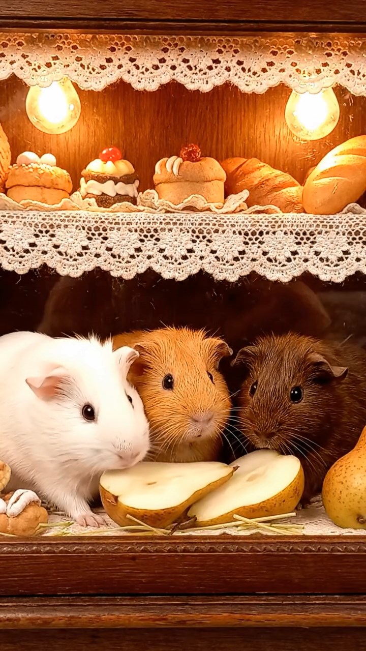 1792. Highly detailed view of 3 smooth-haired Abyssinian guinea pigs featuring cream, fawn, and chocolate coats, sharing pear halves, inside a case display bakery.