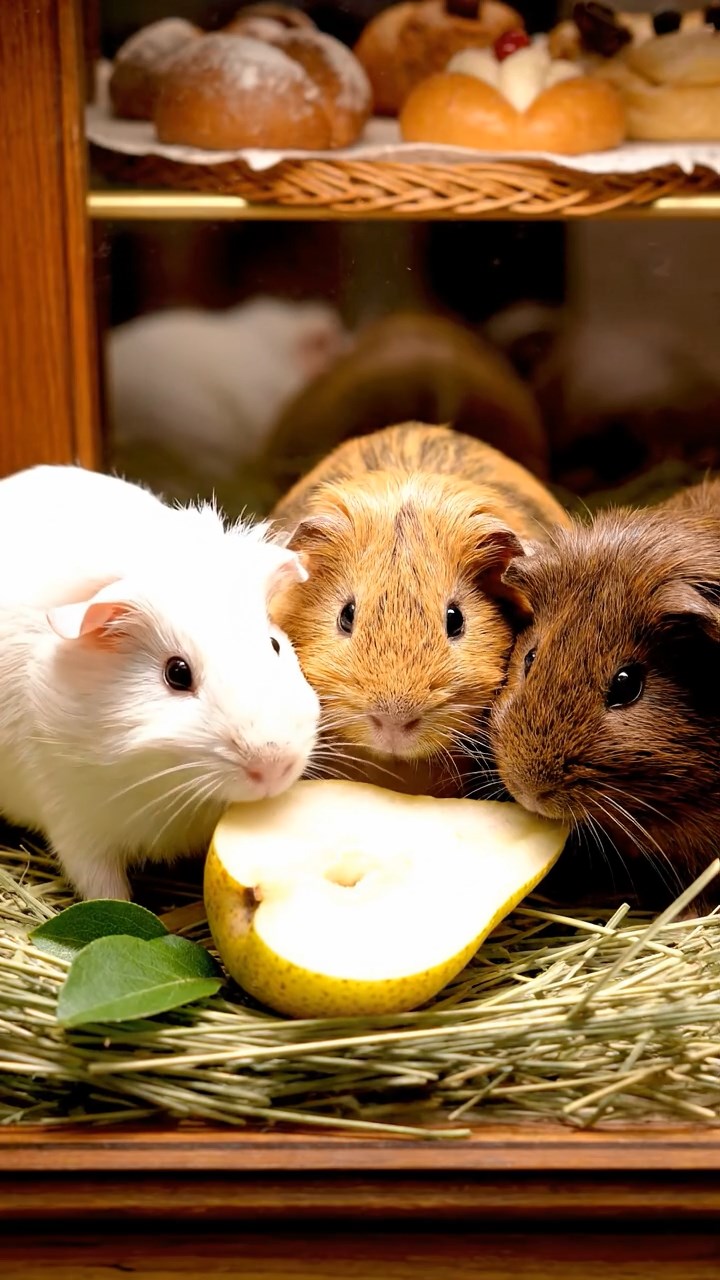 1792. Highly detailed view of 3 smooth-haired Abyssinian guinea pigs featuring cream, fawn, and chocolate coats, sharing pear halves, inside a case display bakery.