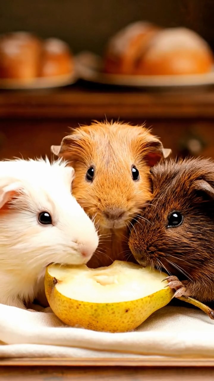 1792. Highly detailed view of 3 smooth-haired Abyssinian guinea pigs featuring cream, fawn, and chocolate coats, sharing pear halves, inside a case display bakery.