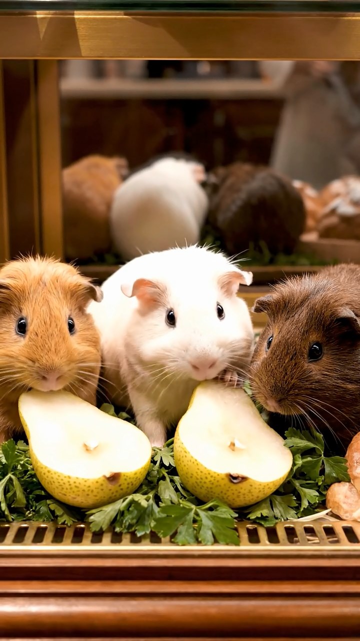 1792. Highly detailed view of 3 smooth-haired Abyssinian guinea pigs featuring cream, fawn, and chocolate coats, sharing pear halves, inside a case display bakery.
