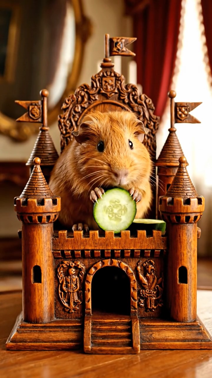 1793. Photorealistic scene of 1 smooth-haired Peruvian guinea pig with cinnamon fur, munching on cucumber rounds, on a dais throne castle.