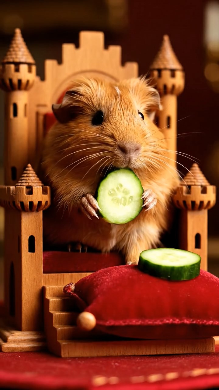 1793. Photorealistic scene of 1 smooth-haired Peruvian guinea pig with cinnamon fur, munching on cucumber rounds, on a dais throne castle.