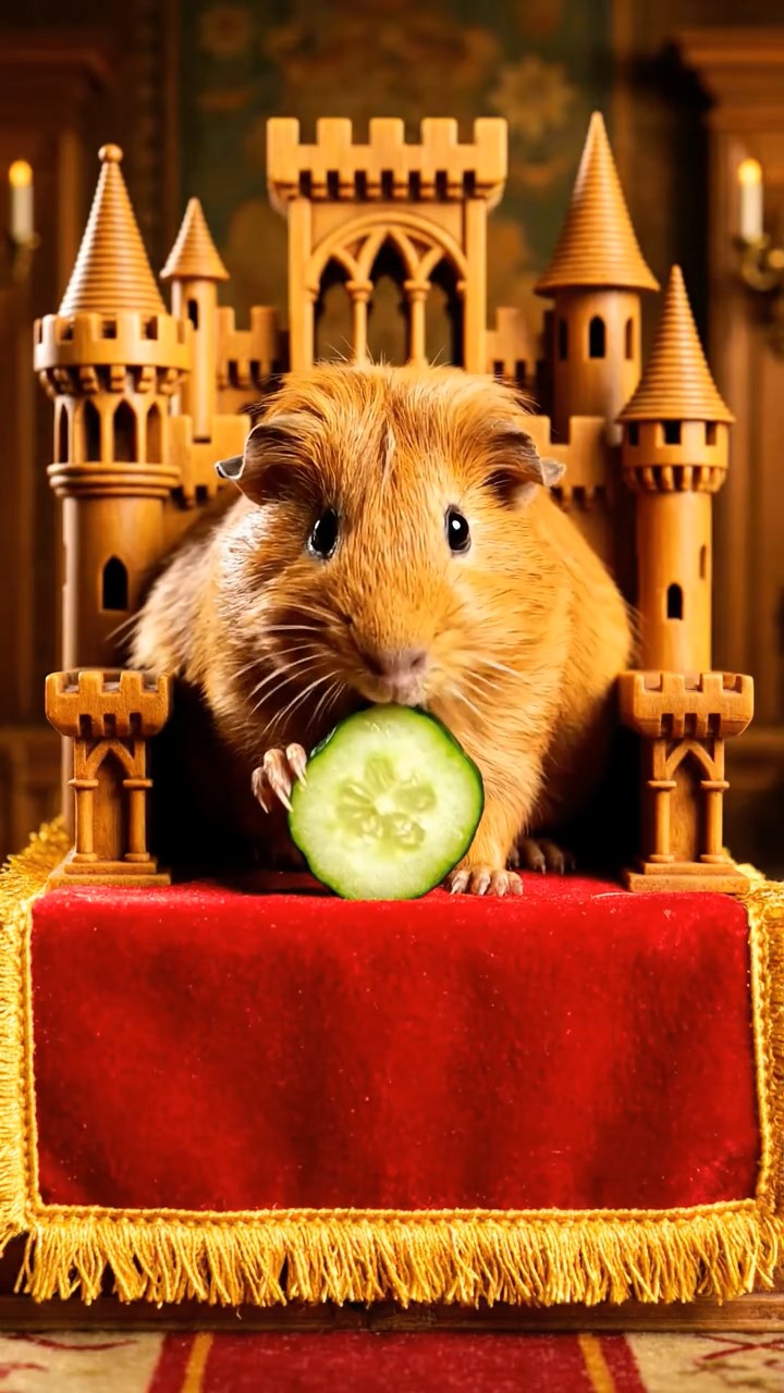 1793. Photorealistic scene of 1 smooth-haired Peruvian guinea pig with cinnamon fur, munching on cucumber rounds, on a dais throne castle.