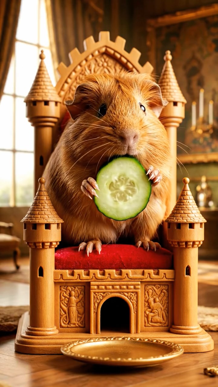 1793. Photorealistic scene of 1 smooth-haired Peruvian guinea pig with cinnamon fur, munching on cucumber rounds, on a dais throne castle.