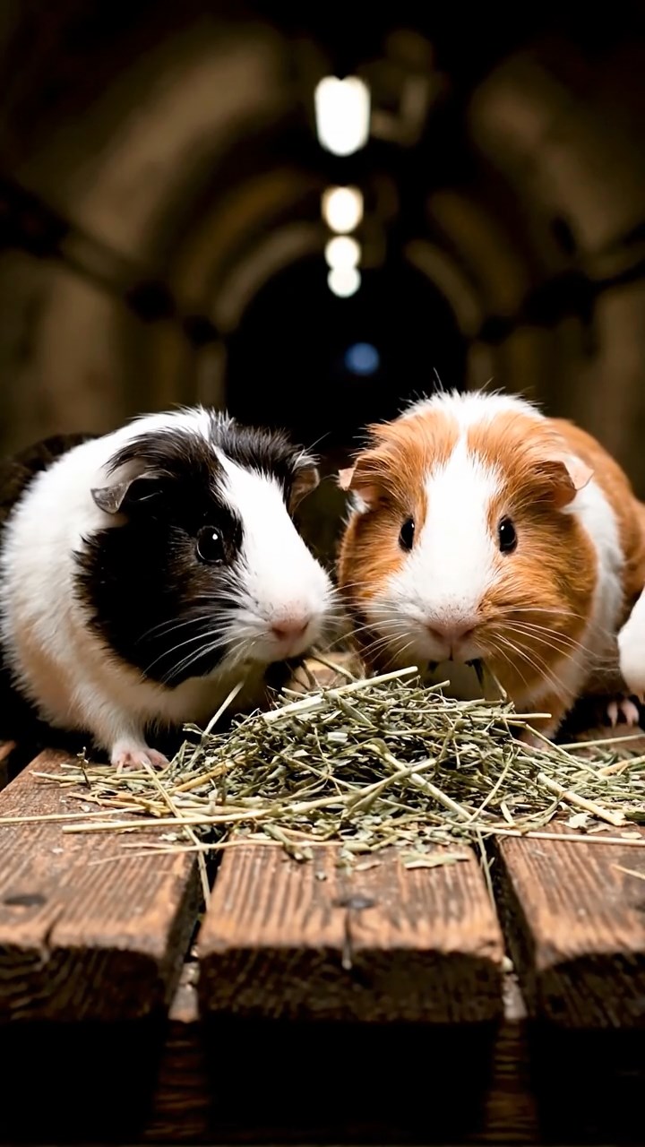 1794. Realistic depiction of 4 smooth-haired Silkie guinea pigs with sable, white, and orange fur, eating timothy hay, on a bench platform subway.