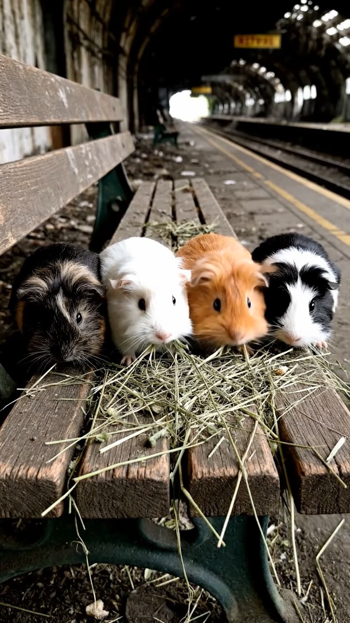 1794. Realistic depiction of 4 smooth-haired Silkie guinea pigs with sable, white, and orange fur, eating timothy hay, on a bench platform subway.
