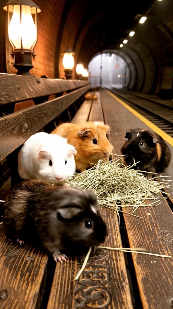 1794. Realistic depiction of 4 smooth-haired Silkie guinea pigs with sable, white, and orange fur, eating timothy hay, on a bench platform subway.
