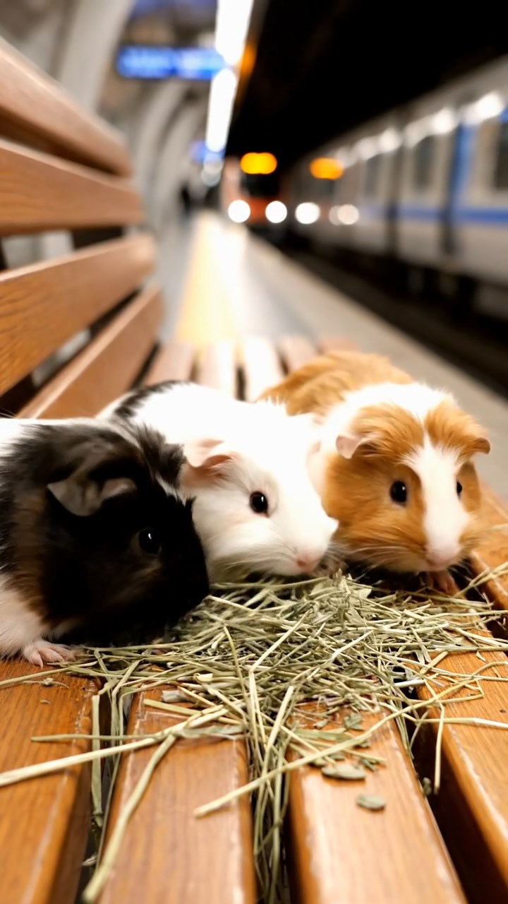 1794. Realistic depiction of 4 smooth-haired Silkie guinea pigs with sable, white, and orange fur, eating timothy hay, on a bench platform subway.